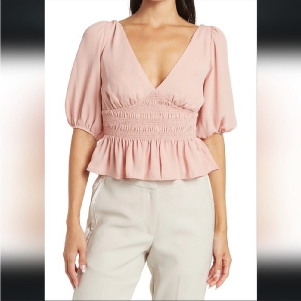 WAYF Blush Pink Puff Sleeve Smocked Peplum Cropped Blouse